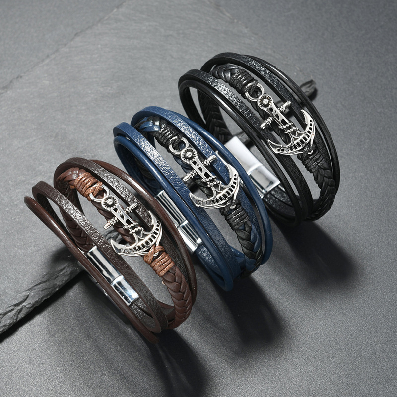 New Magnetic Buckle Leather Bracelet Woven Bracelet Nautical Style Anchor Woven Multi-Layer Men's Bracelet Navy Blue New Magnetic Buckle Leather Bracelet Woven Bracelet Nautical Style Anchor Woven Multi-Layer Men's Bracelet Navy Blue