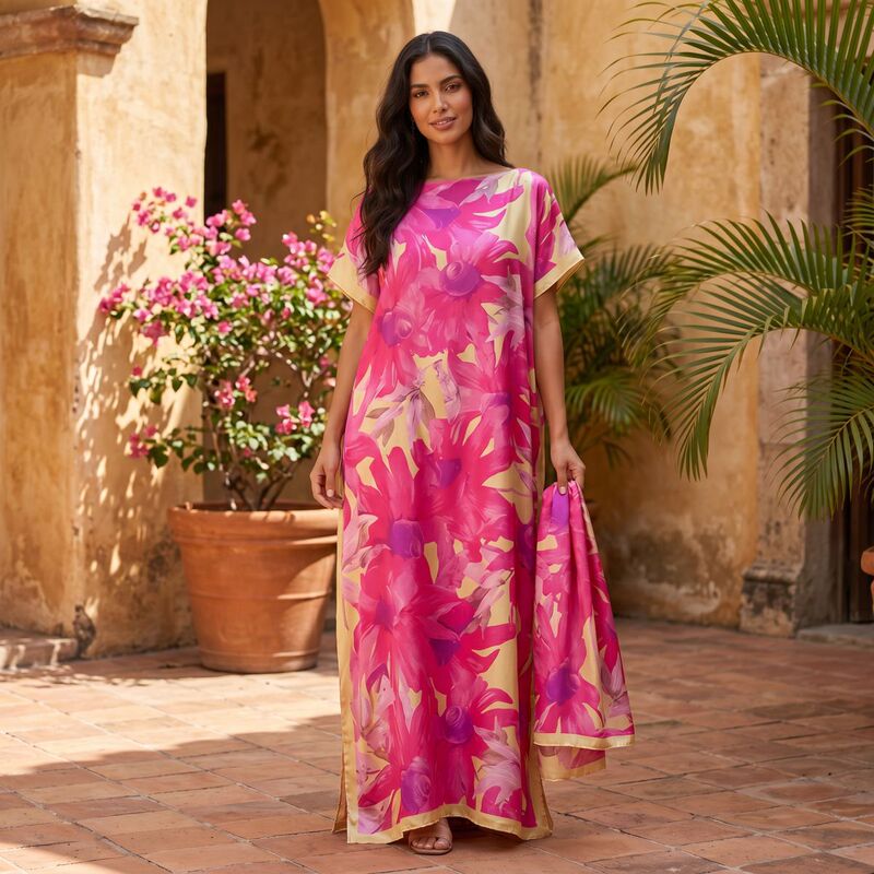 Source Manufacturer Cross-Border Hot-Selling Loose Long Dress, Faux Silk Women's Beach Cover-Up Robe with Headscarf Source Manufacturer Cross-Border Hot-Selling Loose Long Dress, Faux Silk Women's Beach Cover-Up Robe with Headscarf