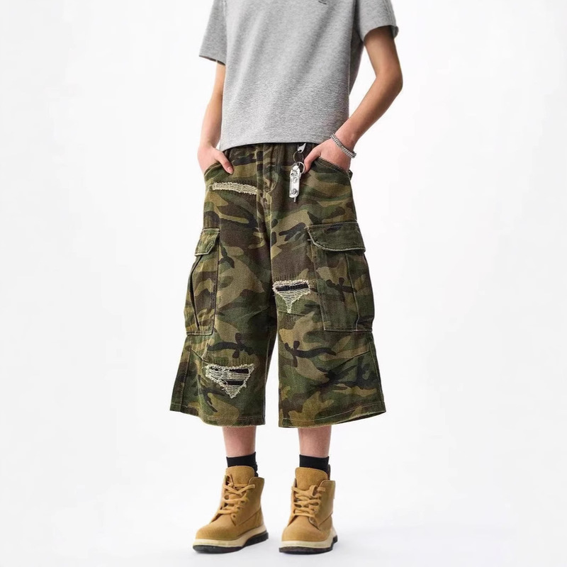 American Style High Street Washed Camouflage Ripped Tooling Shorts Men's Summer Retro Duffian Handsome Multi-Pocket Wide Leg Cropped Pants American Style High Street Washed Camouflage Ripped Tooling Shorts Men's Summer Retro Duffian Handsome Multi-Pocket Wide Leg Cropped Pants