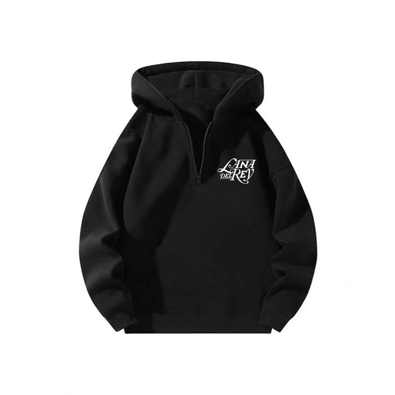 Black Unisex Retro Letter Sweatshirt with Fashionable Letter Print and Quarter-Zip Fleece Sweatshirt