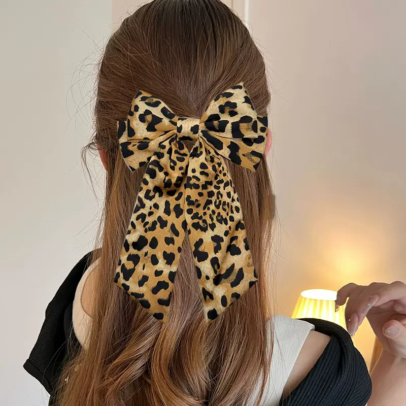 跨境豹纹双层飘带车缝蝴蝶结发夹发饰百搭头饰厂家批发个性风潮