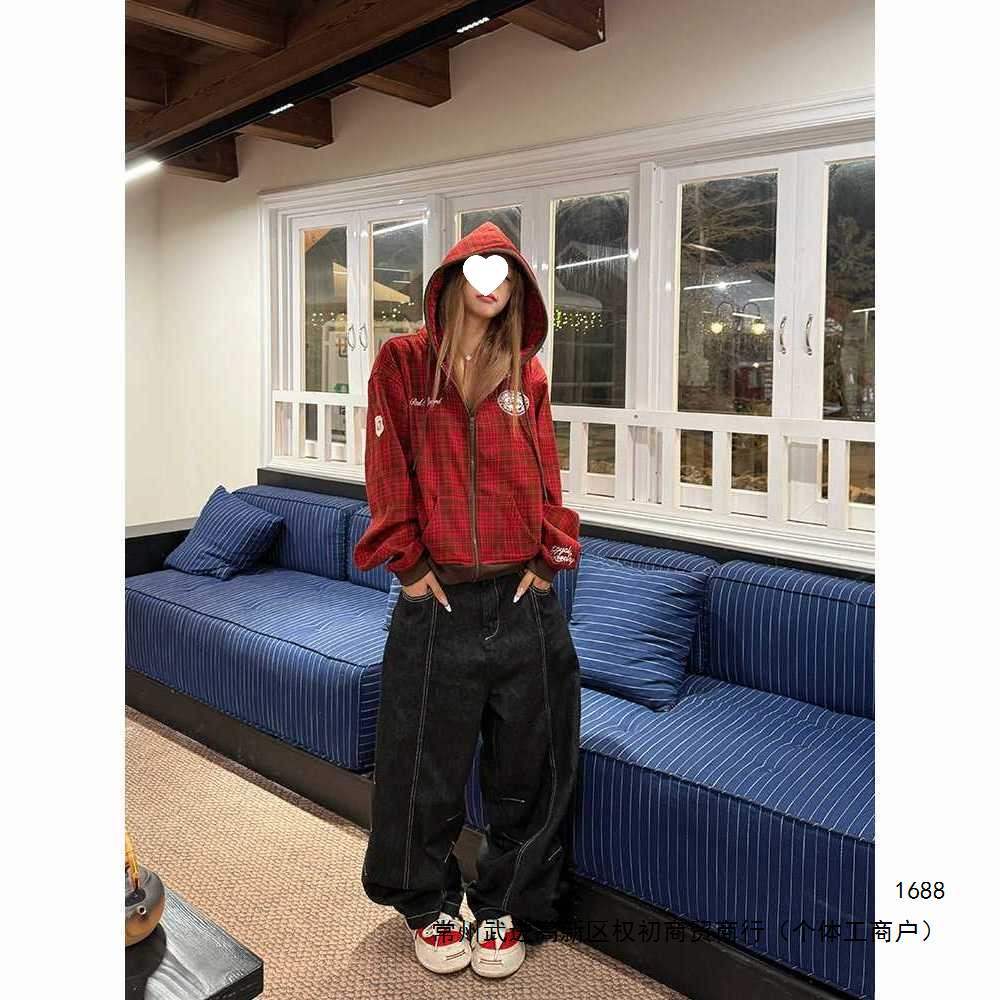 American street style plaid letter embroidered hooded cardigan sweatshirt, unisex, loose-fitting hoodie for autumn and winter.