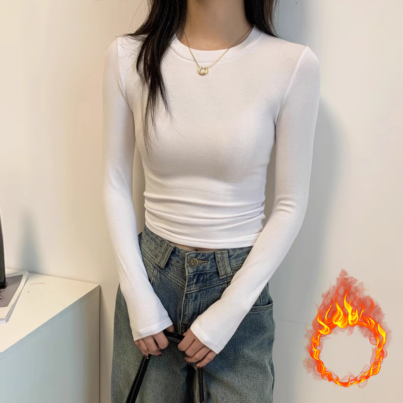 美式灰色正肩小衫长袖t恤女2025秋季新磨毛内搭打底修身百搭上衣|undefined