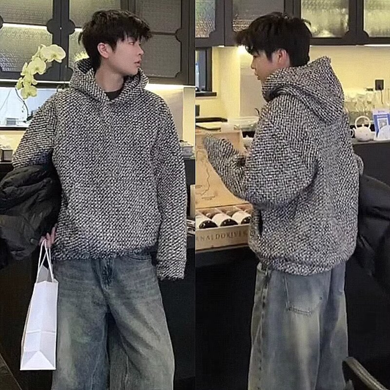 High-end Chanel style woven tweed thickened hooded sweater men's fashion loose casual pullover sweater