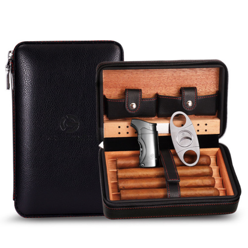 HANNICOOK Cigar Box Genuine Cedar Wood Portable Travel Set with Windproof lighter Cigar Cutter Humidifier Leather Case
