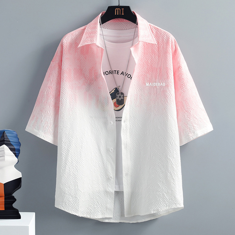 Seersucker Short-Sleeved Shirt Men's Summer Ice-Feel Thin Three-Quarter Sleeve Shirt Trendy Gradient Half-Sleeved Shirt Jacket
