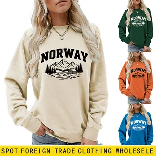 亚马逊ebay独立站休闲时髦女士NORWAY山林秋冬圆领长袖卫衣打底衫