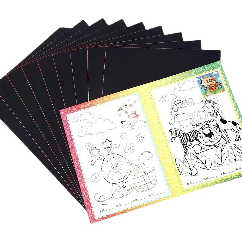 100 piezas de papel de rasguño colorido para niños A4 pintura de rasguño 16K papel de cera de rasguño 8 papel de pintura de arena abierto estudiante DIY libro de pintura de rasguño