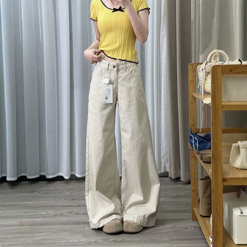 Petite American-Style Light Beige Low-Waist Wide-Leg Straight Jeans for Women, Loose Fit, Slimming, Drapey Narrow Straight Pants for Women