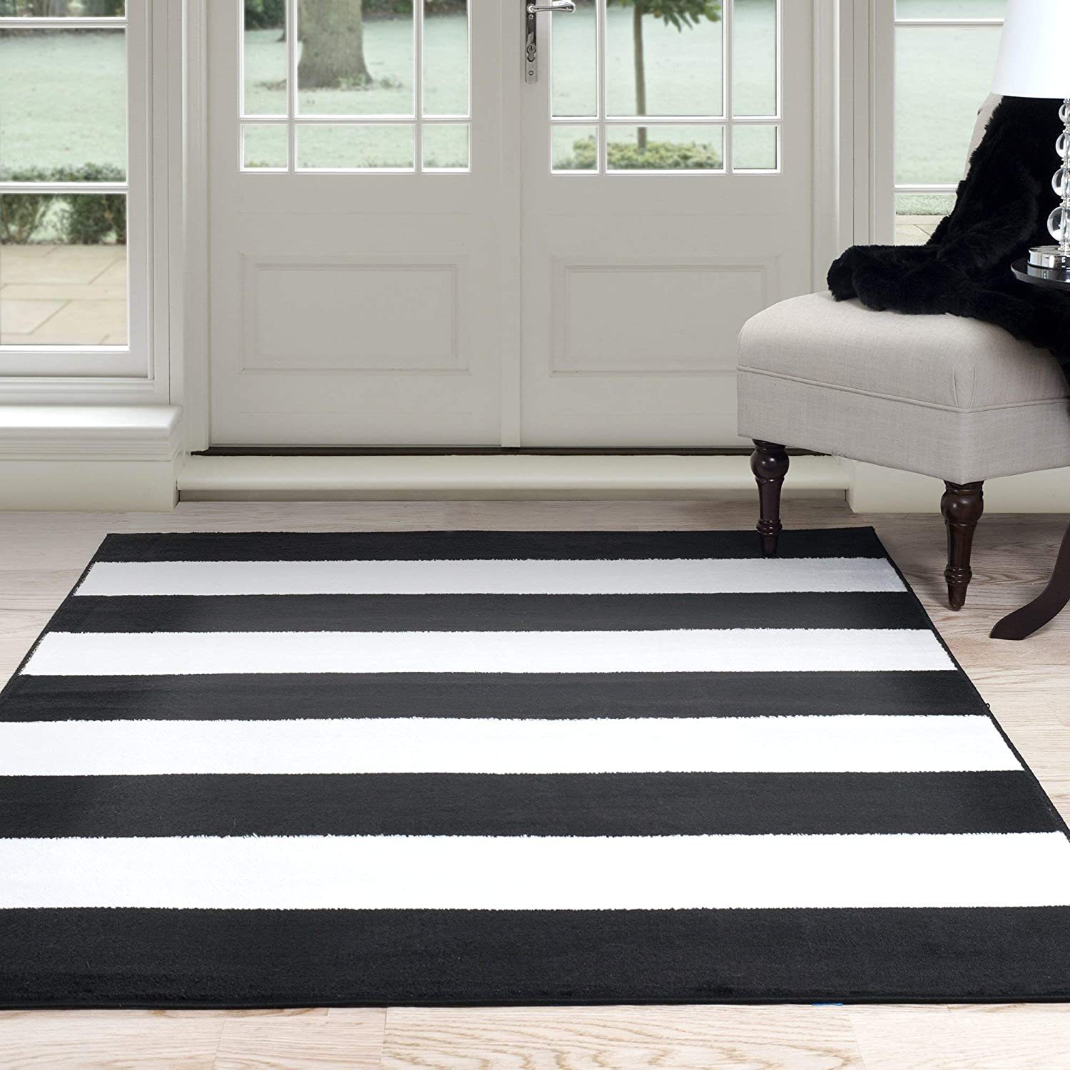 Cross border carpet bedroom ins Northern Europe black and white stripe Bedside Room bedroom non-slip Simplicity Cotton and hemp Mat
