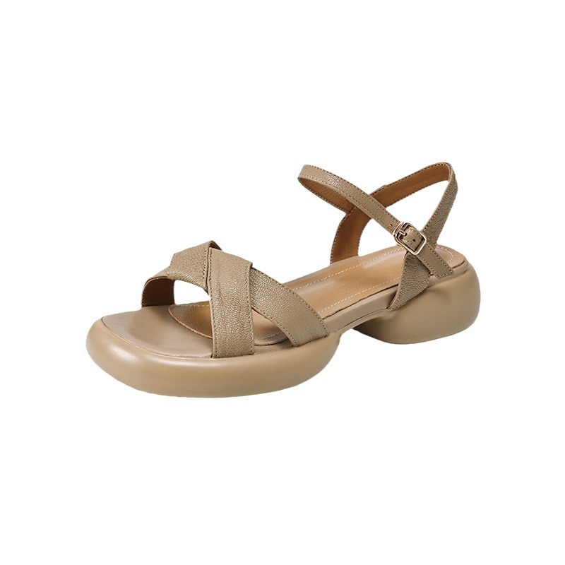 Sandal hở ngón da cừu gót thô đế dày quai ngang kiểu La Mã rỗng — Màu trắng be