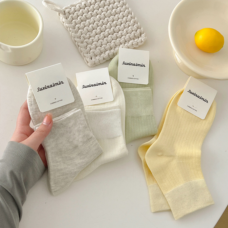 2024 Thin Socks Women's Spring and Summer Japanese Style Vertical Stripe Short Socks Cream Low-side Cotton Socks Ins Trendy Socks