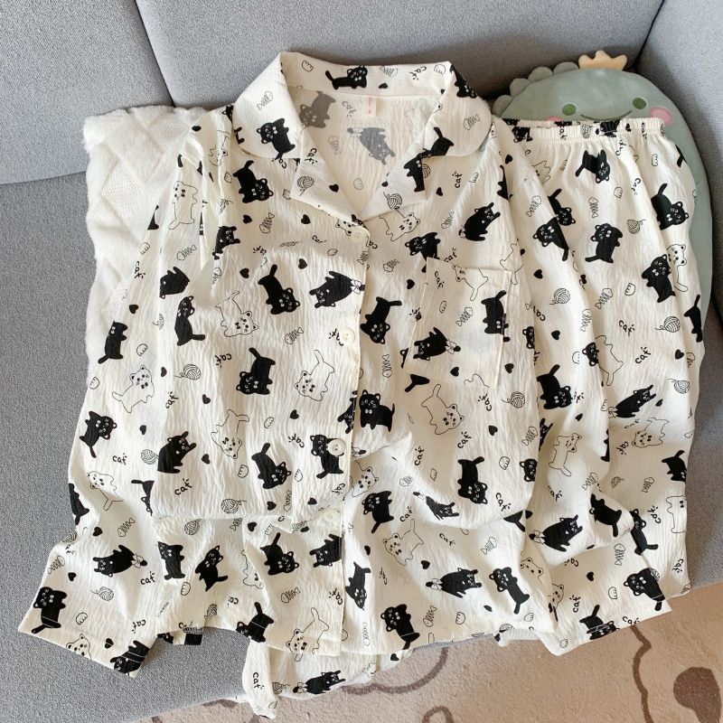 Al por mayor transfronterizo otoño nuevo pijama de manga larga nube de algodón de dibujos animados ropa doméstica de mujer se puede usar con un lindo conjunto de solapa