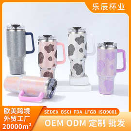 定制亚马逊304不锈钢保温杯大容量冰霸热销贴钻奶牛纹手柄汽车杯