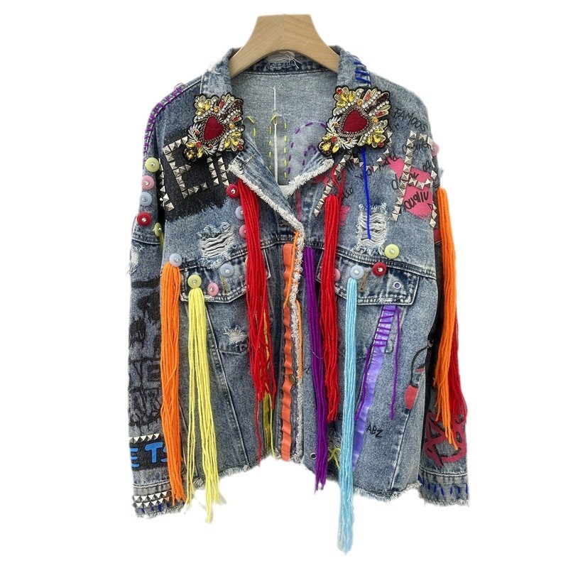 Estación europea 2024 nueva personalidad de bordas pintadas a mano denim chaqueta corta graffiti de la industria pesada de la mujer chaqueta corta con diamantes