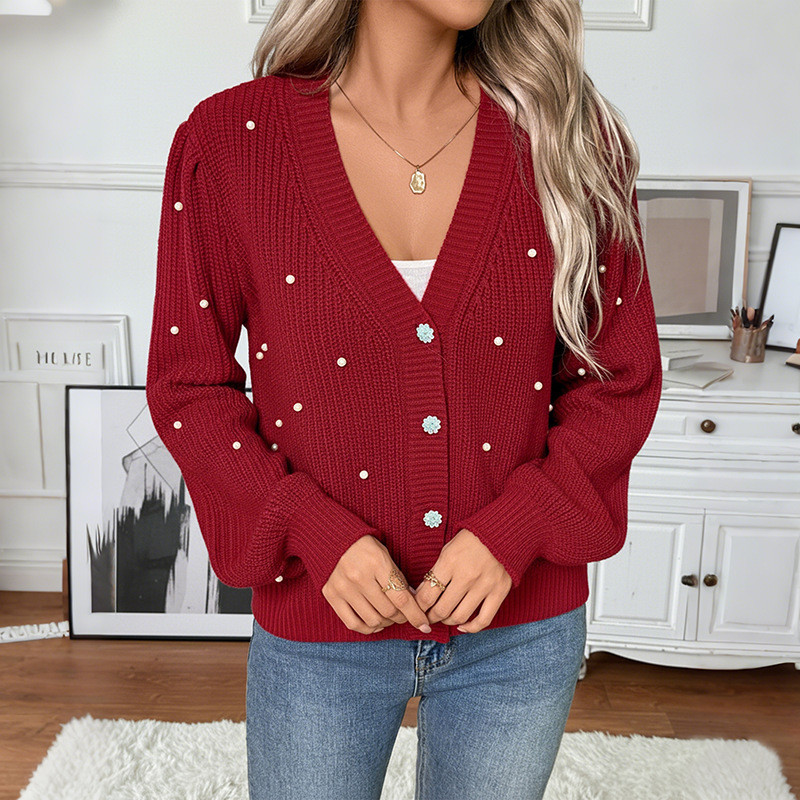 European and American 2026 New Style New Year Knitted Cardigan Women's V-Neck Pearl-Decorated Red Christmas Lover Sweater Coat European and American 2026 New Style New Year Knitted Cardigan Women's V-Neck Pearl-Decorated Red Christmas Lover Sweater Coat