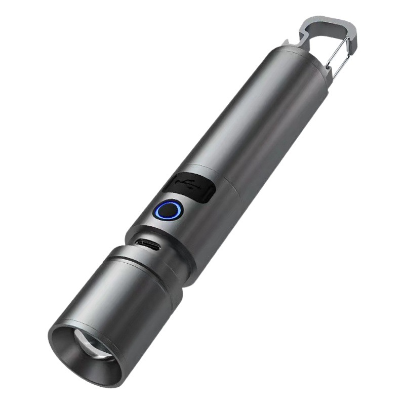 Nueva linterna láser blanca con zoom telescópico, función de banco de energía USB, gancho, abrebotellas, largo alcance y alto brillo