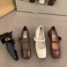 复古法式一字带玛丽珍鞋女春秋浅口小皮鞋粗跟鞋配裙子小个子单鞋