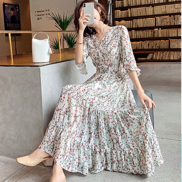 Cross-border Amazon Spring and Summer New Dress Tall Floral Chiffon V-neck Dress Elegant Fairy Dress Cross-border Amazon Spring and Summer New Dress Tall Floral Chiffon V-neck Dress Elegant Fairy Dress
