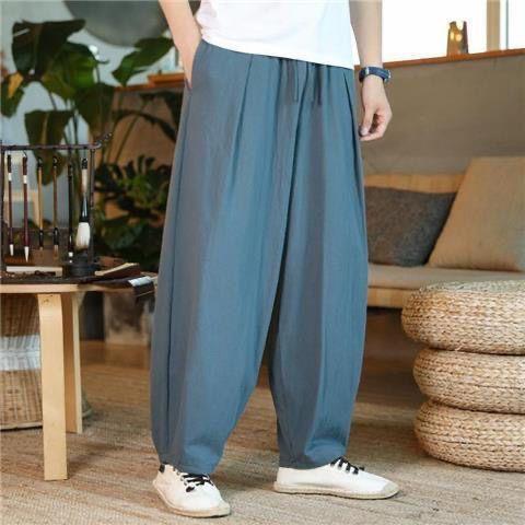 Pantalones largos de lino fino de primavera y verano de estilo chino, pantalones largos de pierna ancha de talla grande más gordos, pantalones harem casuales de algodón y lino