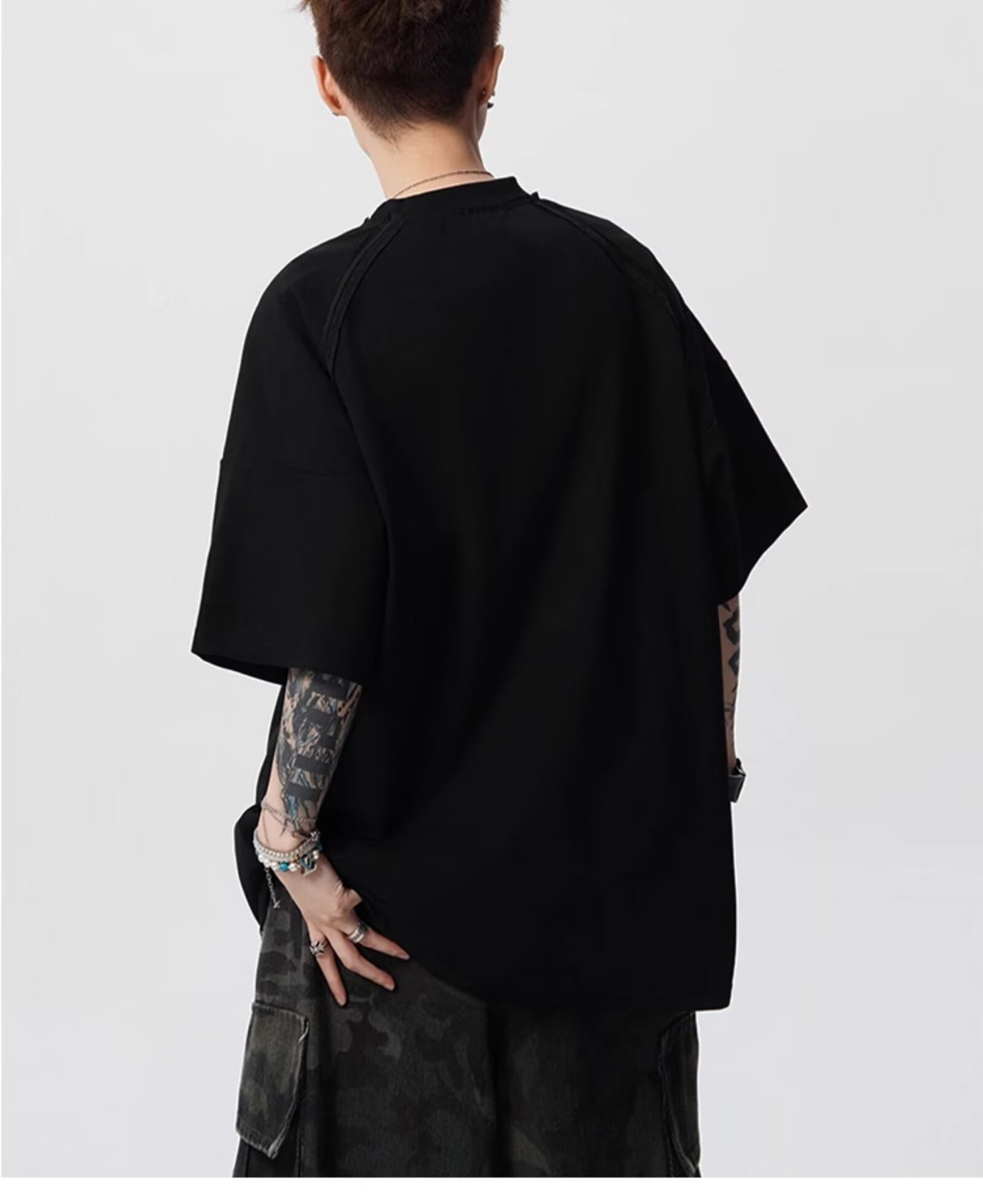 Summer Niche Willow Nails Embellished Decorative Design Sense Shoulder Pad T-shirt Men's Short-sleeved Casual Versatile Heavy T-shirt Top_viptrois.com