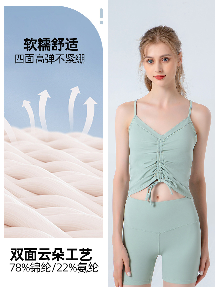 Nuevo top de yoga con tirantes y lazo para otoño e invierno, top de yoga ajustado y adelgazante con almohadillas en el pecho, camisola deportiva