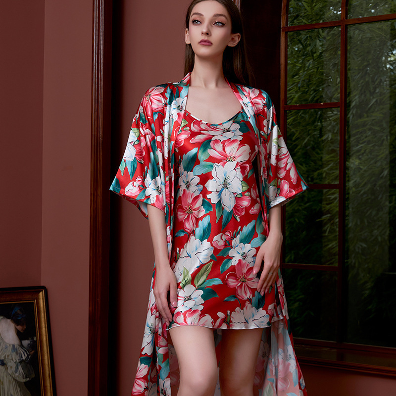 Cross-Border Printed Nightgown Suit for Women Summer Sexy Ice Silk Mid-Sleeve Large Size Bathrobe Silk Bridal Dressing Gown Manufacturer Wholesale