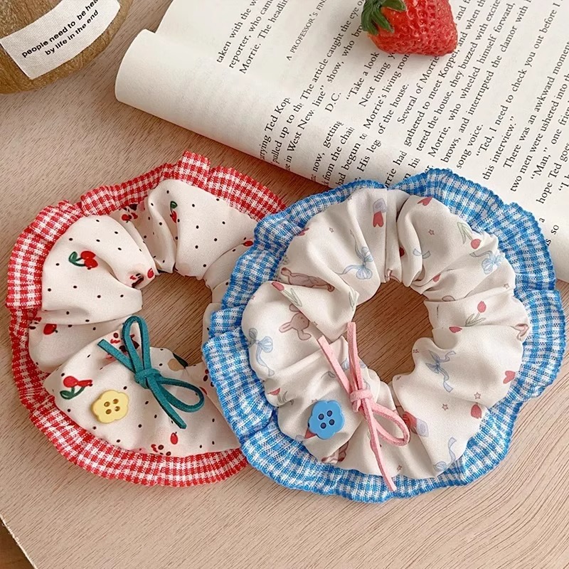 Bonito oso conejo de encaje a cuadrícula anillo de cabello de intestino grande de la niña corazón arco tela cabello correa cuerda de cabeza