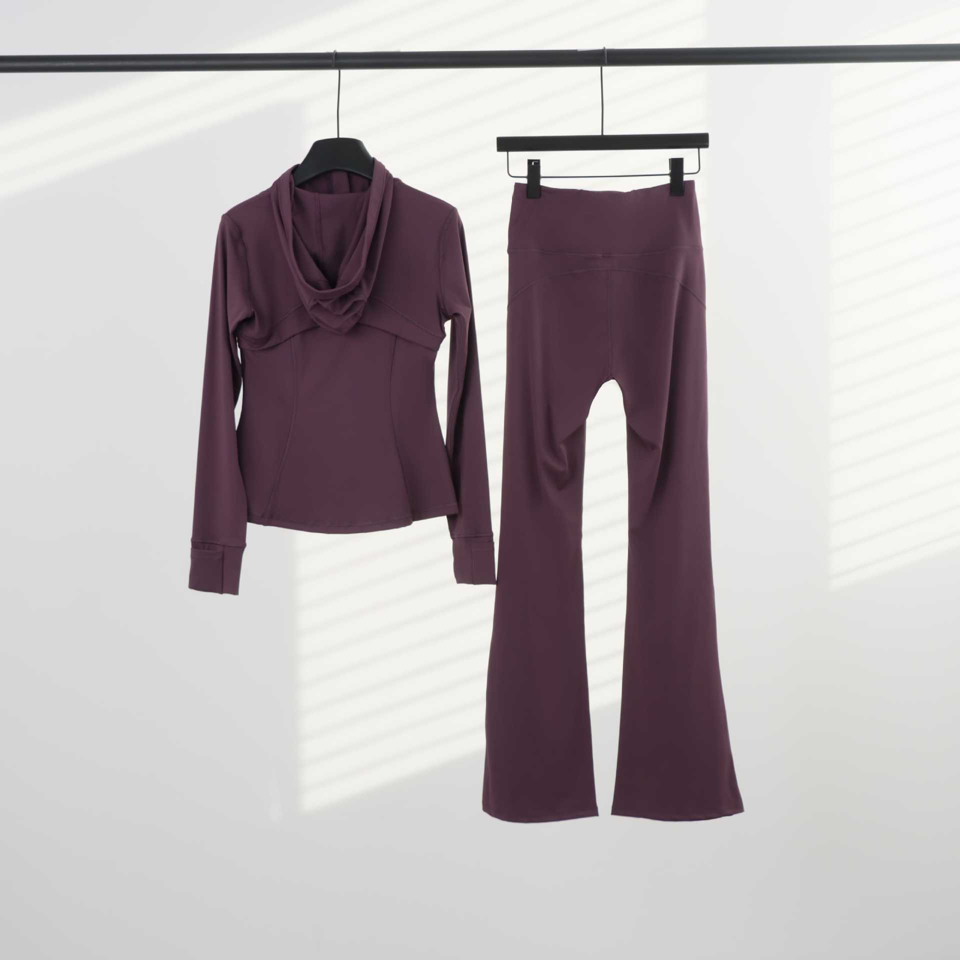 Women's Hooded Flared Jacket Set Long Sleeved Fitted Elastic Fitness Running Yoga Sportswear_ecoleips.com