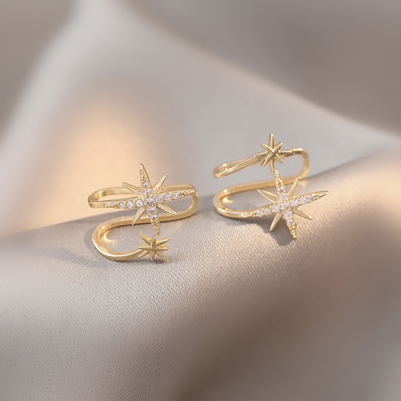 Estrella de seis puntas clip de hueso de oreja hembra de alto grado de luz de lujo único nicho diseño clip de oreja estilo frío pendientes sin oreja