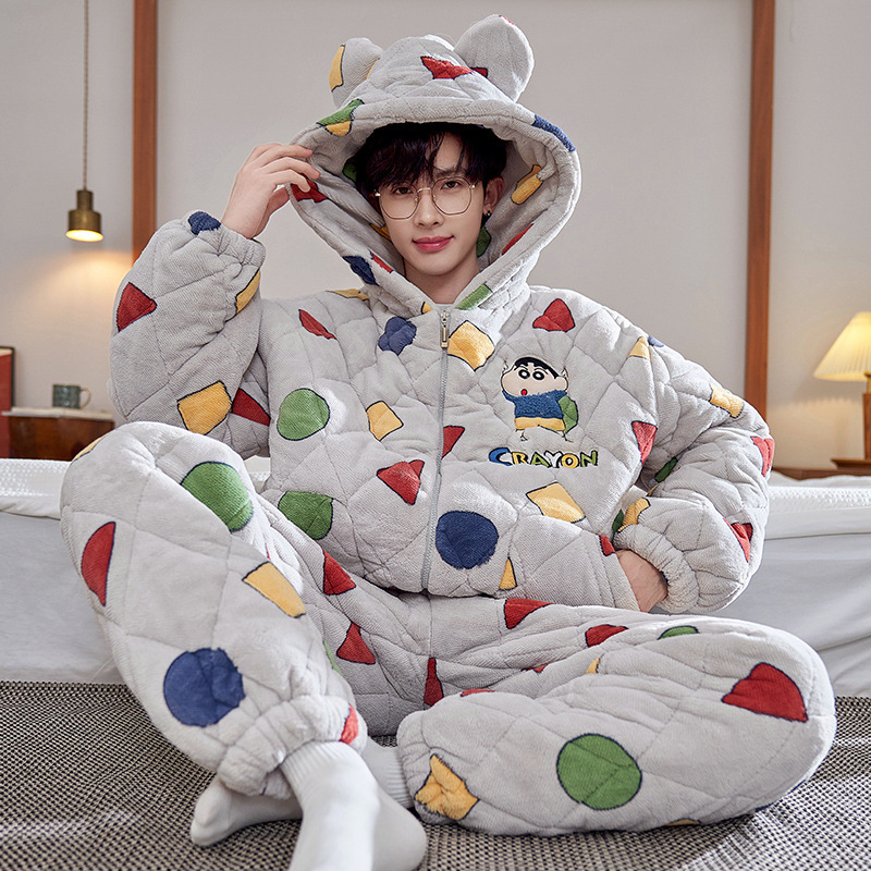 Pajamas Men's Winter Coral Fleece Three-Layer Quilted Teenager Cartoon plus size Flannel Hooded Home Clothes suit Pajamas Men's Winter Coral Fleece Three-Layer Quilted Teenager Cartoon plus size Flannel Hooded Home Clothes suit