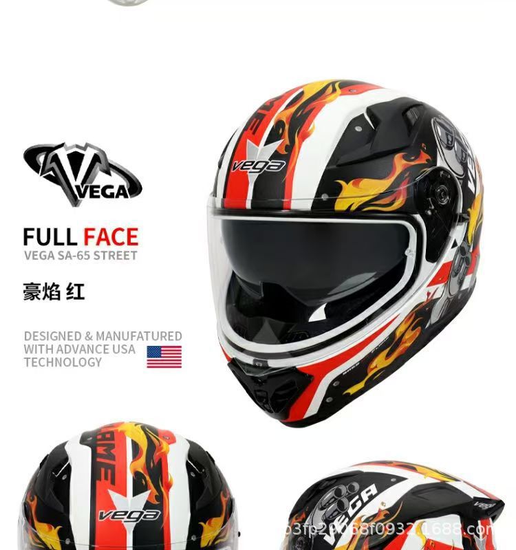 American Vega Motorcycle Helmet for Men and Women, Bluetooth Racing Helmet, Four-Season Sun Protection Full-Face Helmet, Retro Motorcycle Helmet with Large Tail Wing, 3C