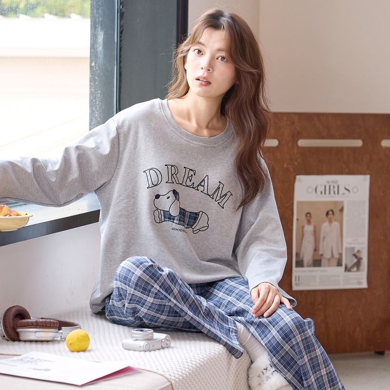 韩版休闲睡衣女士2025秋冬带胸垫长袖长裤套装全棉卡通可爱家居服|undefined