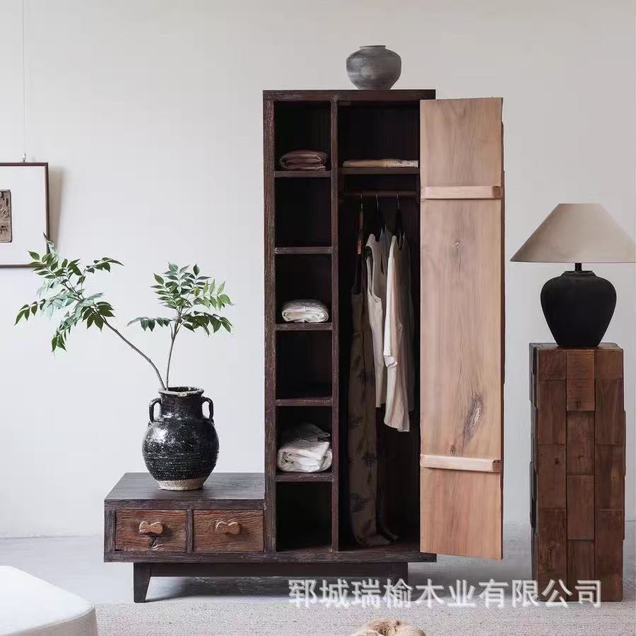 Wabi-Sabi Style Old Elm Wardrobe Solid Wood Retro Home Storage Cabinet Personalized Bedroom Storage Wardrobe Elm Coat and Hat Cabinet