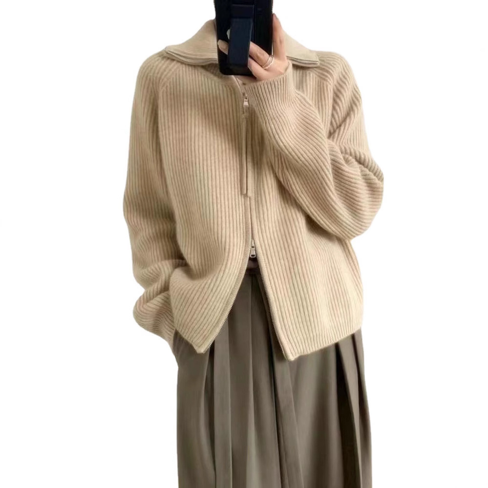 秋冬厚手ハイネックウールセーター、ダブルジッパーカーディガン、無地ストライプコート、レディースカシミヤ、上品通勤スタイル