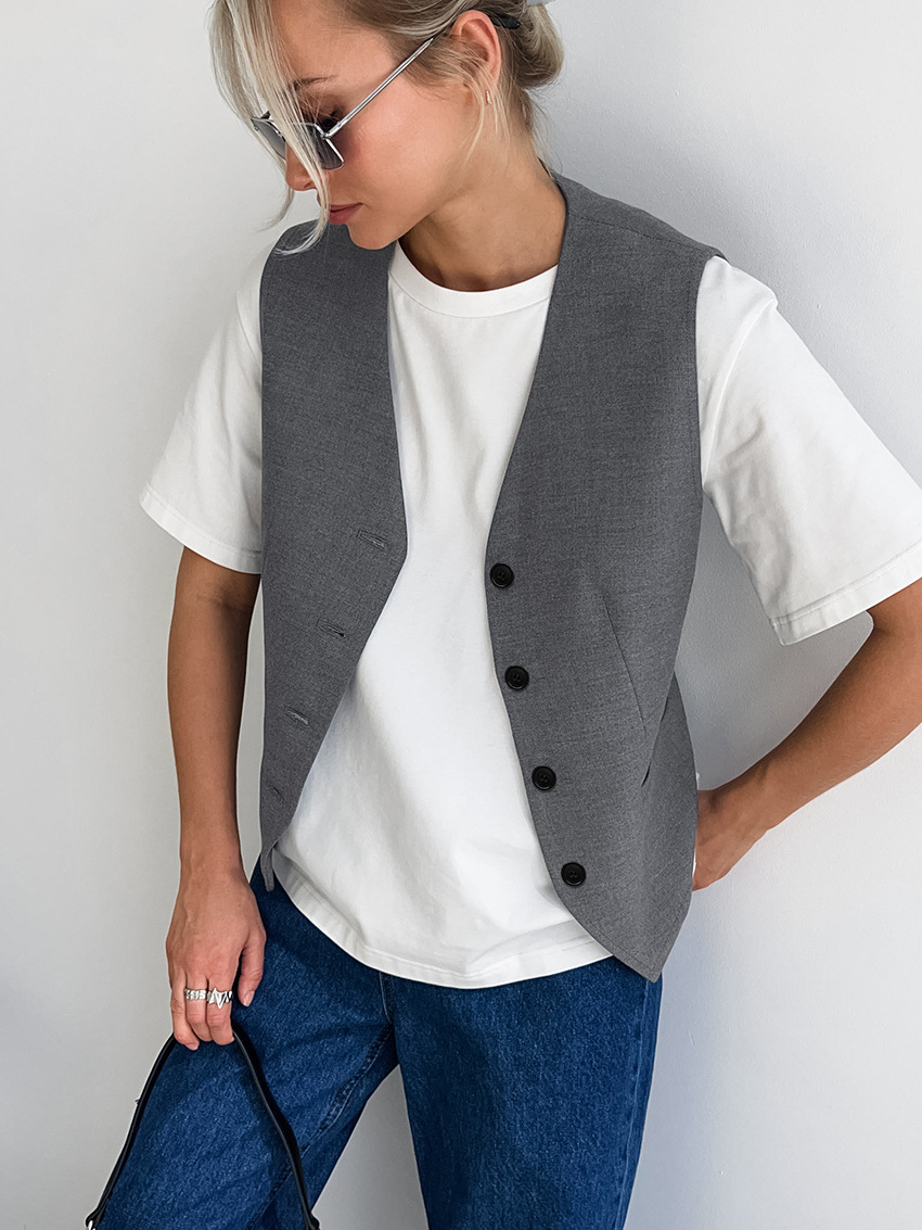 2024 principios de la primavera nuevo gris de cercanías chaleco abrigo de personalidad femenina moda casual todo partido transfronterizo simple estilo europeo y americano