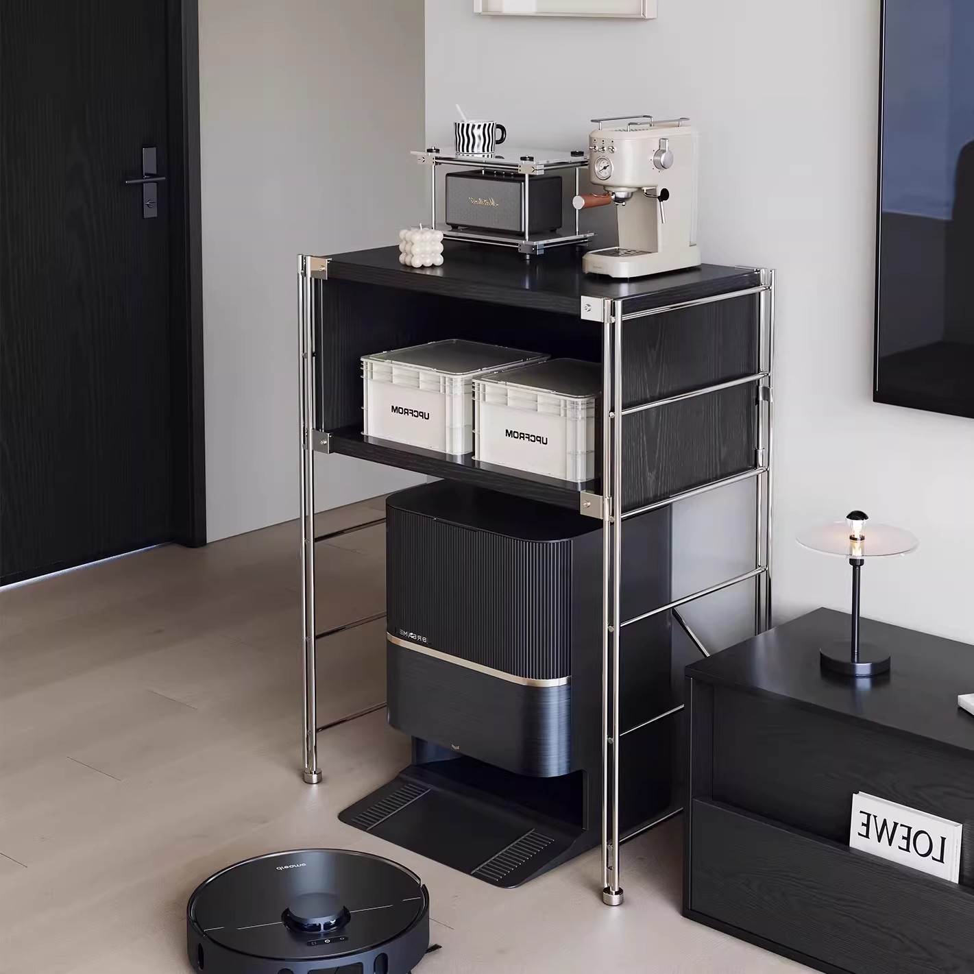 Rack de almacenamiento de piso de eje óptico sala de estar balcón de cocina armario de almacenamiento robot de barrido de piso tipo vacío