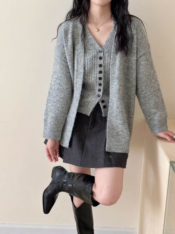 韩系v领挂脖吊带两件套针织开衫女2025秋冬新款休闲百搭毛衣上衣|undefined