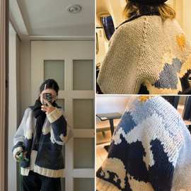 现 带防风内衬hand made纯手工编织100%全羊毛日杂少女风厚实外套