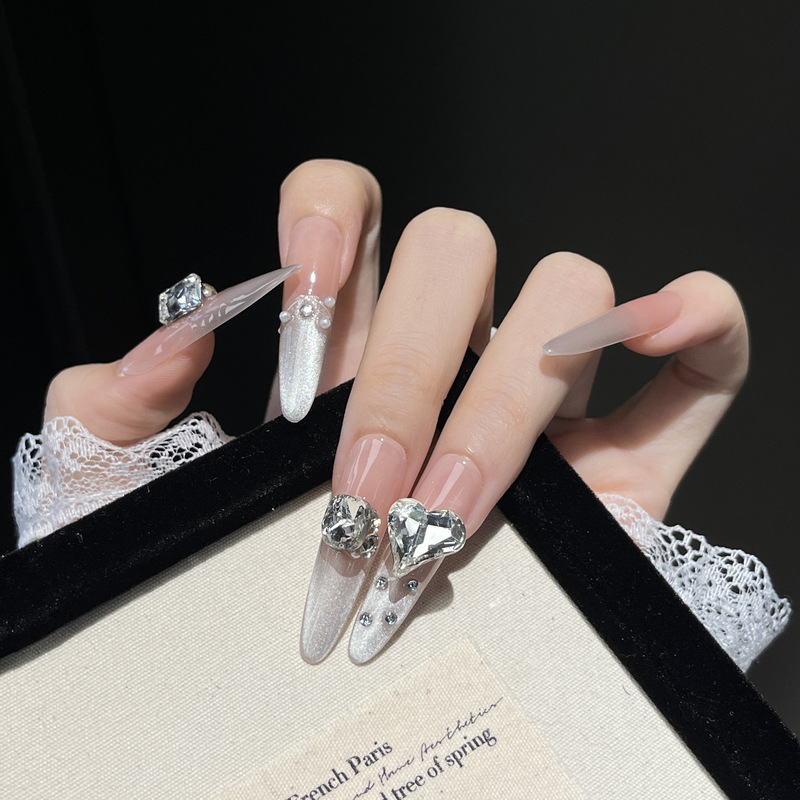 Silver Handmade Cat-Eye Wearable Nail Patches, Finished Nail Patches, High-End Removable Nail Patches, Long Thin Dog Patches