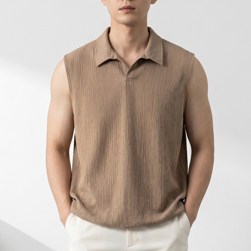 Light Mature Style Jacquard Texture Vest for Men, Summer Casual Polo, Lapel Sleeveless Vest, Japanese Style Vest
