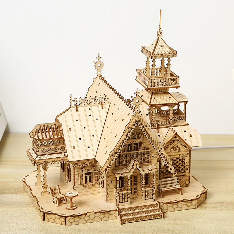 Spot 3D Stereo Assembled Model Wooden DIY Handmade Educational Toys Light Retro House
