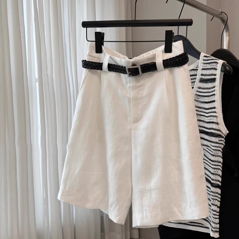 White Linen Shorts for Women, Summer New Style, Plus Size, Petite, Slimming, Loose, Casual, Versatile, Wide-Leg, Knee-Length Shorts