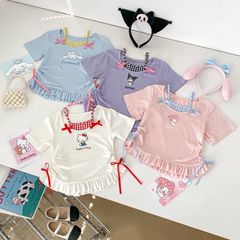 女の子 2025 新しい子供の甘くてかわいい kt 猫漫画偽ツーピース半袖レース Tシャツ甘い夏のトレンド