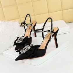 221-H32 Korean Banquet Summer High Heels, Shallow Mouth, Pointed Silk, Water Diamond, One Bow Sandals for Women