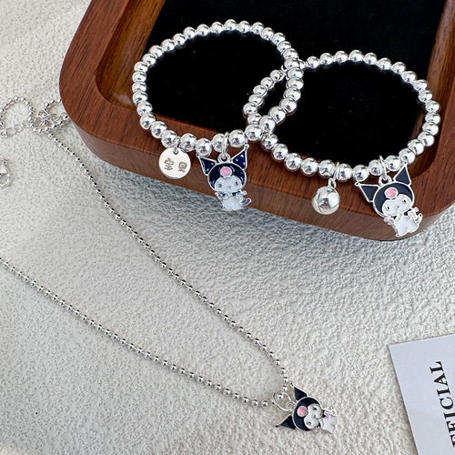 S925 Pure Silver Kuromi Necklace Round Bead Bracelet DIY Engraving Cute Cartoon Children's Accessory Necklace Set