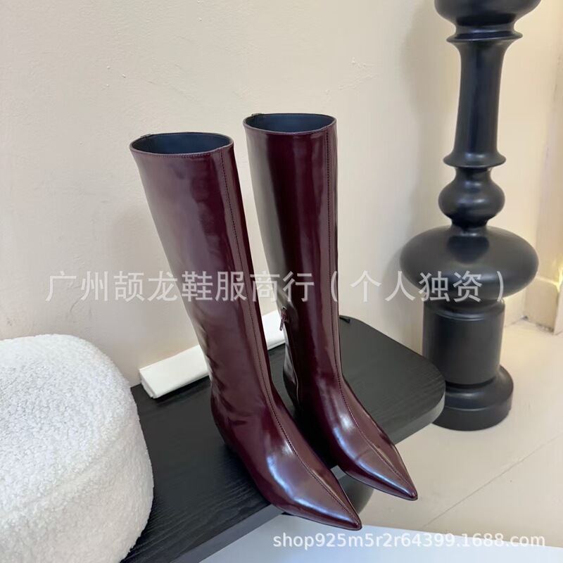 小众设计2025秋冬真皮尖头复古坡跟内增高侧拉链高筒不过膝长靴女|undefined