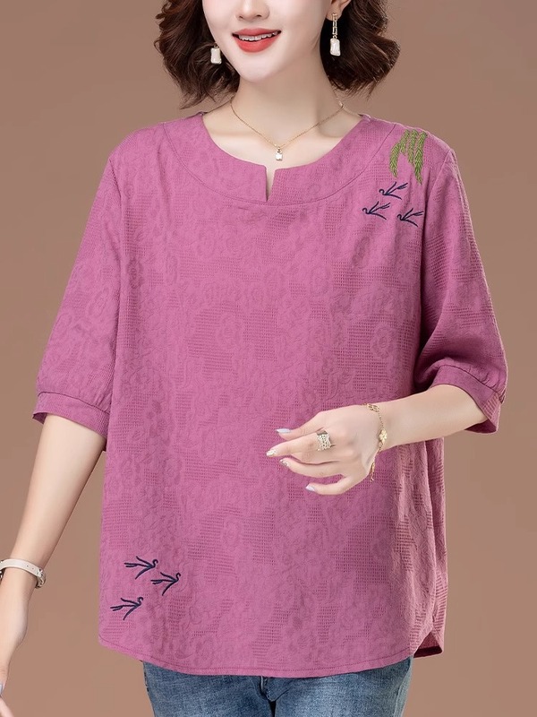 中高年ママの純綿Tシャツレディース半袖大きいサイズゆったりおしゃれ年齢軽減綿夏継ぎ刺繍トップス|undefined