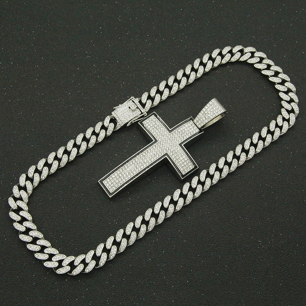 Fashion full diamond cross pendant Cuban chain alloy necklace wholesale