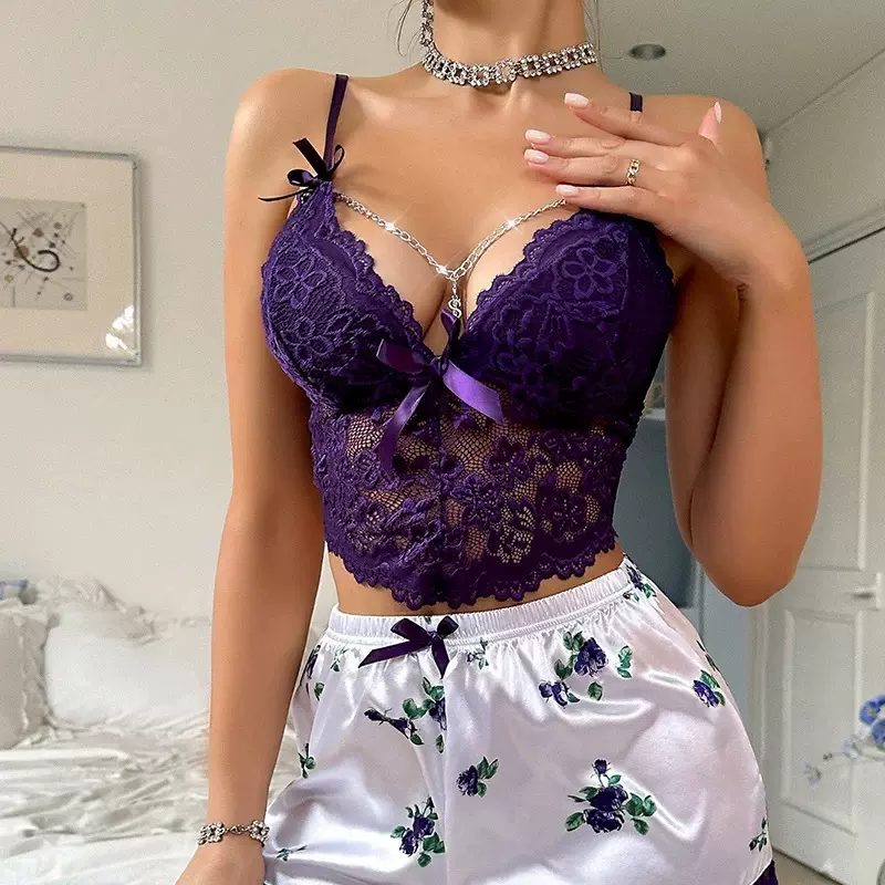 2026年跨境爆款欧美货源蕾丝性感女士家居服舒适睡衣深V蕾丝镂空